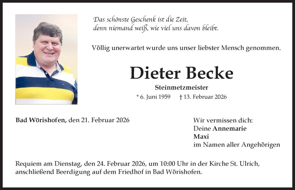  Traueranzeige für Dieter Becke vom 21.02.2026 aus Mindelheimer Zeitung