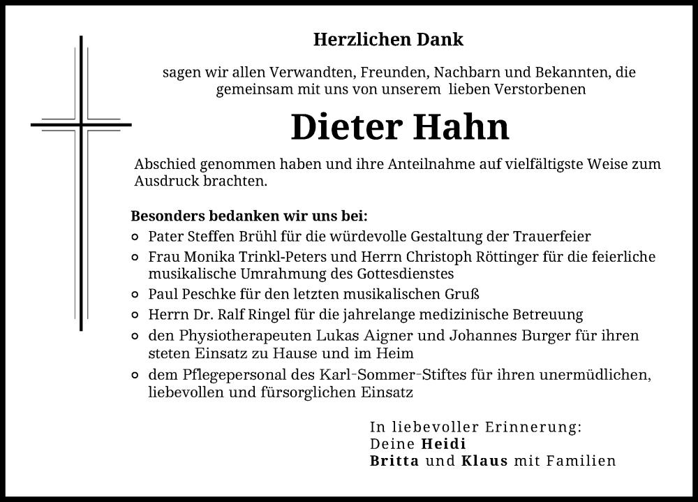  Traueranzeige für Dieter Hahn vom 14.02.2026 aus Friedberger Allgemeine