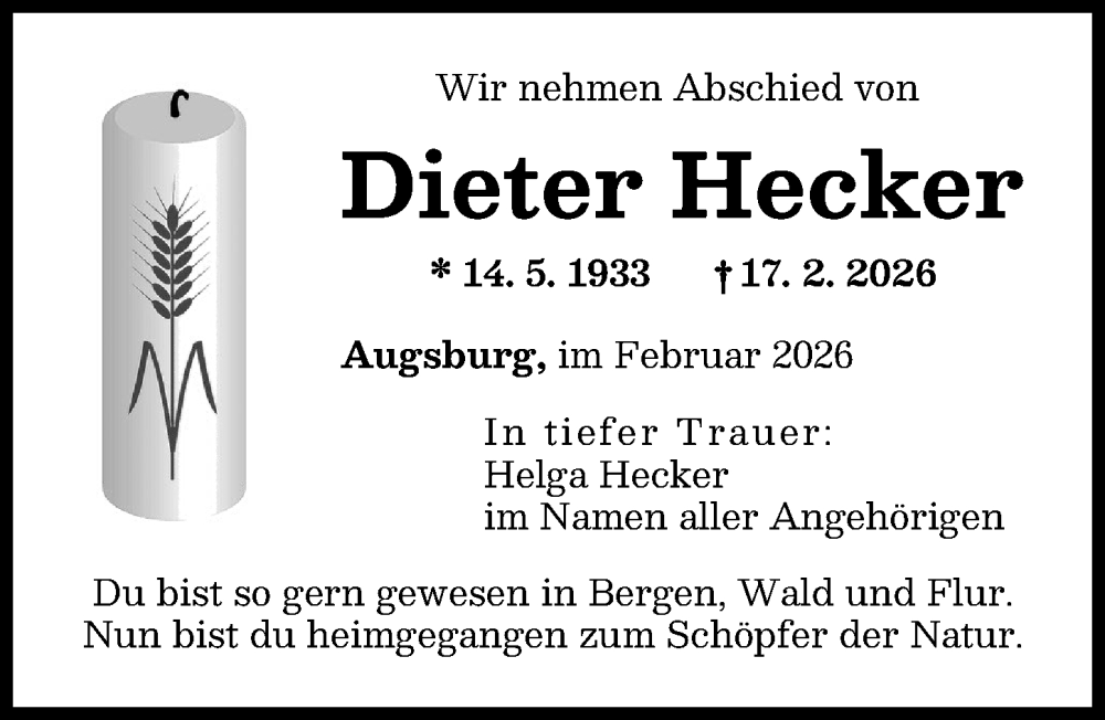  Traueranzeige für Dieter Hecker vom 21.02.2026 aus Augsburger Allgemeine