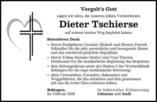 Traueranzeige von Dieter Tschierse von Schwabmünchner Allgemeine
