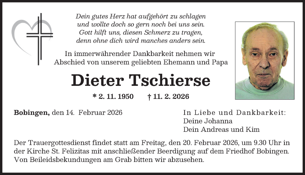  Traueranzeige für Dieter Tschierse vom 14.02.2026 aus Augsburger Allgemeine