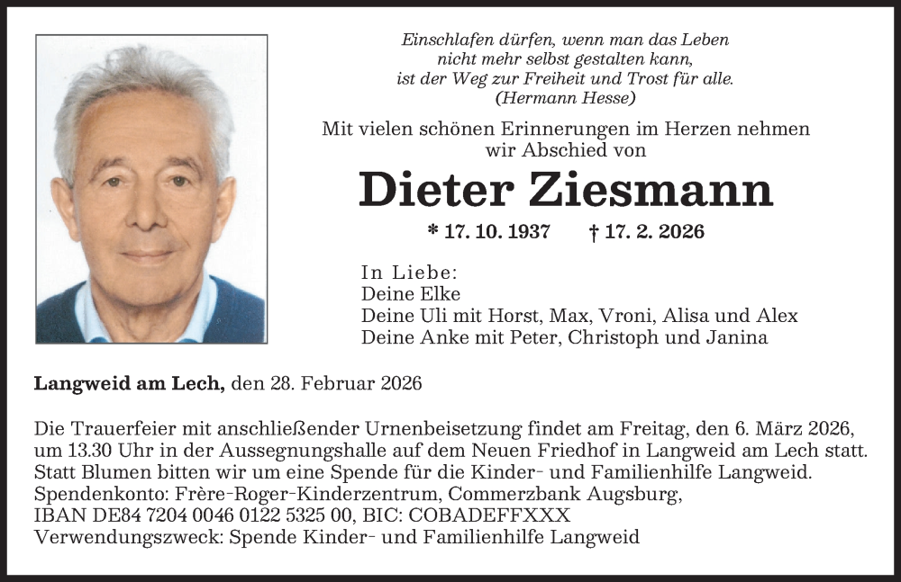  Traueranzeige für Dieter Ziesmann vom 28.02.2026 aus Augsburger Allgemeine