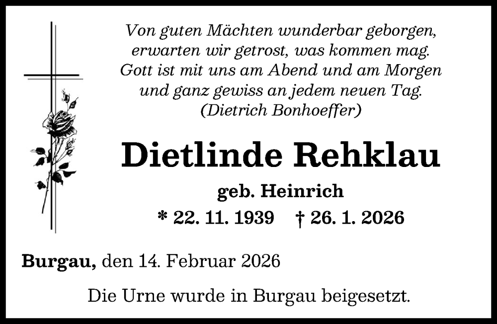  Traueranzeige für Dietlinde Rehklau vom 14.02.2026 aus Günzburger Zeitung