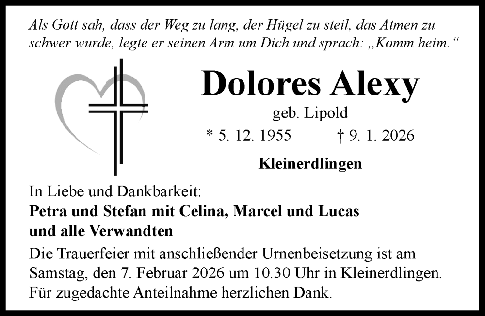  Traueranzeige für Dolores Alexy vom 04.02.2026 aus Rieser Nachrichten