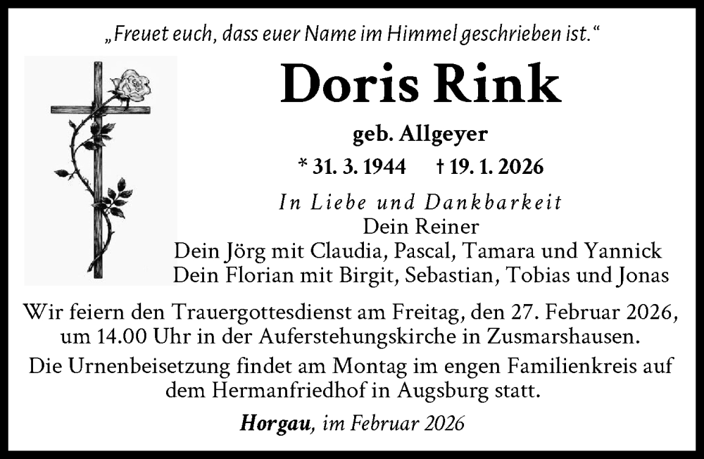  Traueranzeige für Doris Rink vom 21.02.2026 aus Augsburger Allgemeine