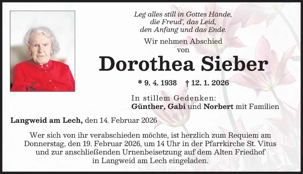  Traueranzeige für Dorothea Sieber vom 14.02.2026 aus Augsburg-Land