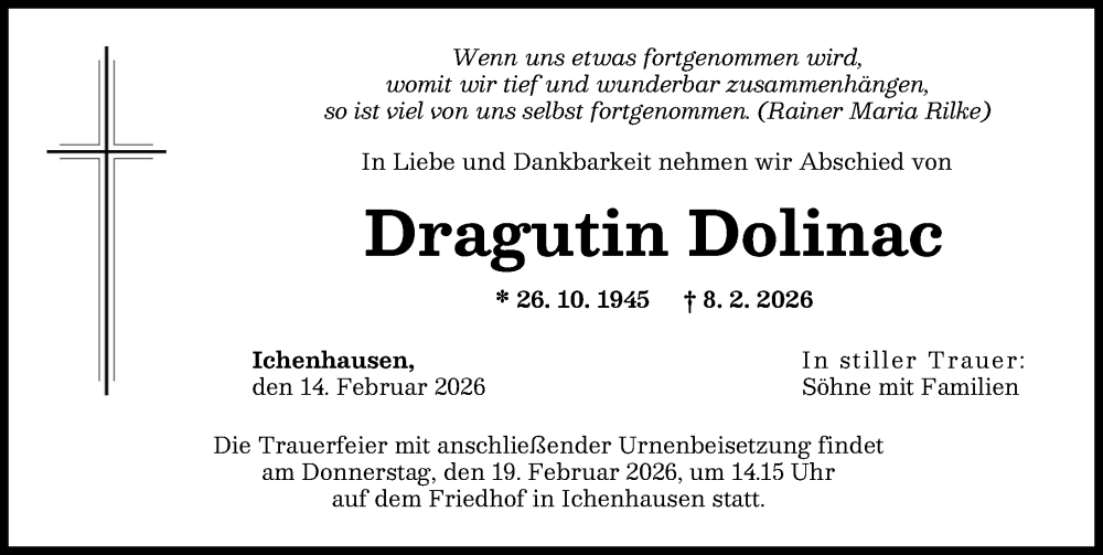  Traueranzeige für Dragutin Dolinac vom 14.02.2026 aus Günzburger Zeitung