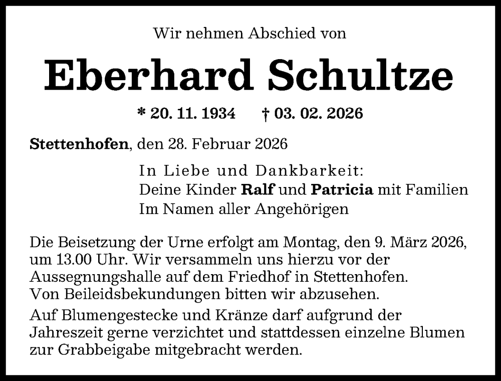  Traueranzeige für Eberhard Schultze vom 28.02.2026 aus Augsburg-Land