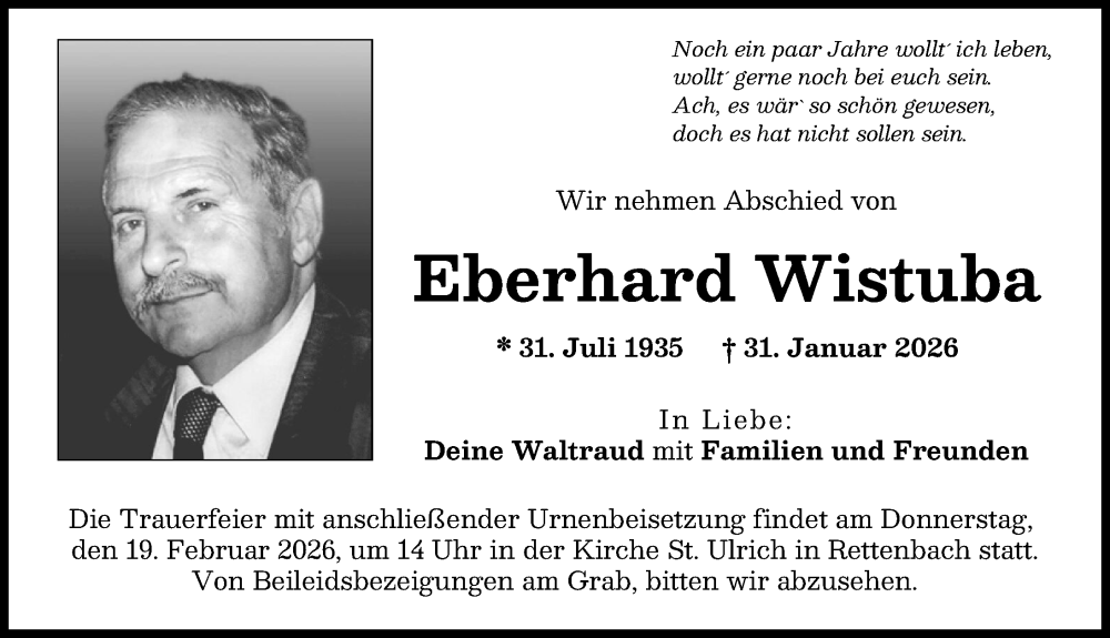  Traueranzeige für Eberhard Wistuba vom 14.02.2026 aus Günzburger Zeitung