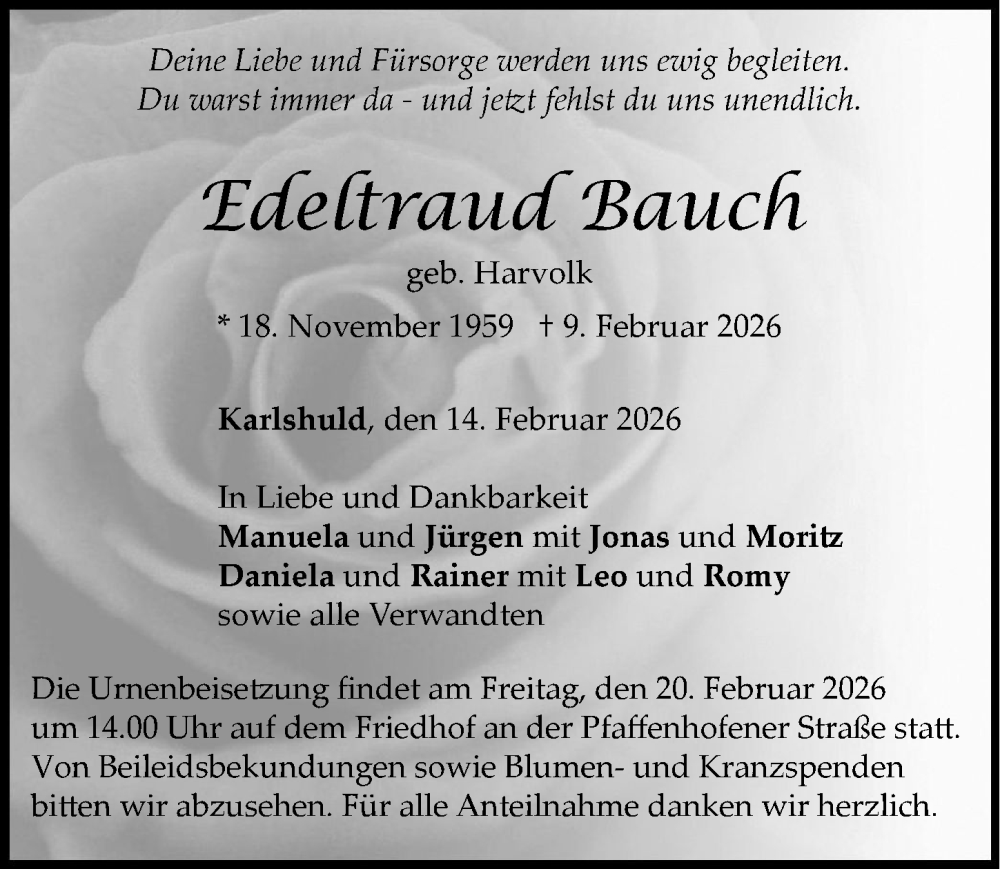  Traueranzeige für Edeltraud Bauch vom 14.02.2026 aus Neuburger Rundschau