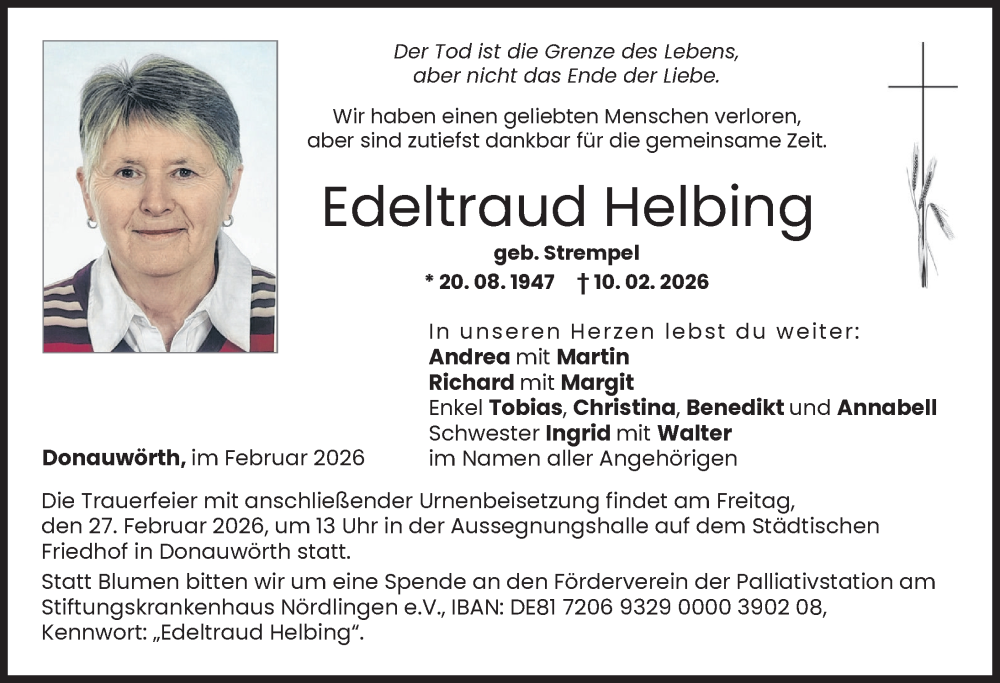  Traueranzeige für Edeltraud Helbing vom 23.02.2026 aus Donauwörther Zeitung
