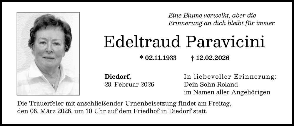  Traueranzeige für Edeltraud Paravicini vom 28.02.2026 aus Augsburger Allgemeine