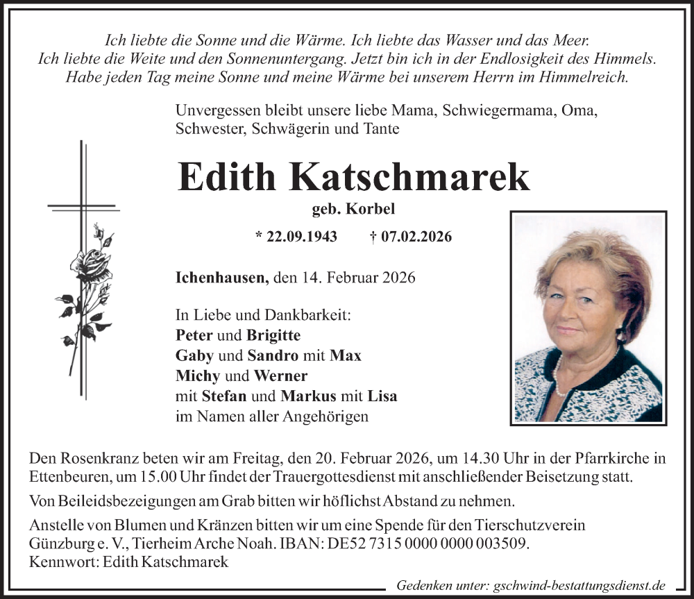  Traueranzeige für Edith Katschmarek vom 14.02.2026 aus Günzburger Zeitung