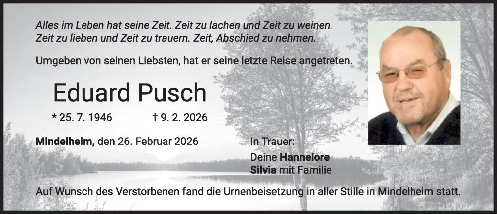  Traueranzeige für Eduard Pusch vom 26.02.2026 aus Mindelheimer Zeitung