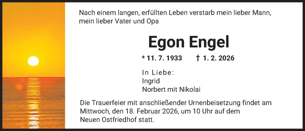  Traueranzeige für Egon Engel vom 14.02.2026 aus Augsburger Allgemeine