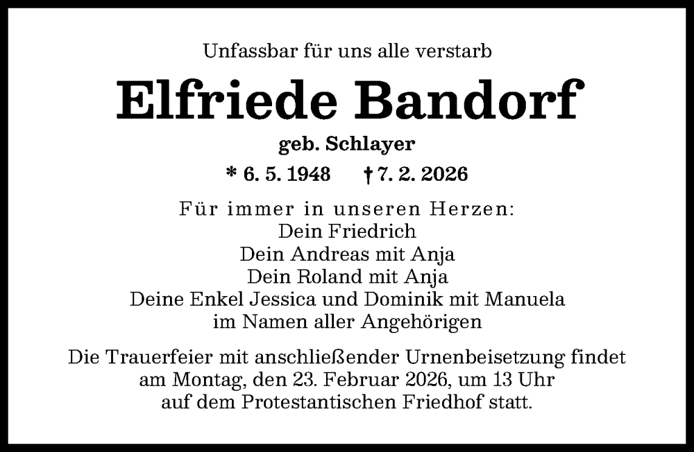  Traueranzeige für Elfriede Bandorf vom 21.02.2026 aus Augsburger Allgemeine