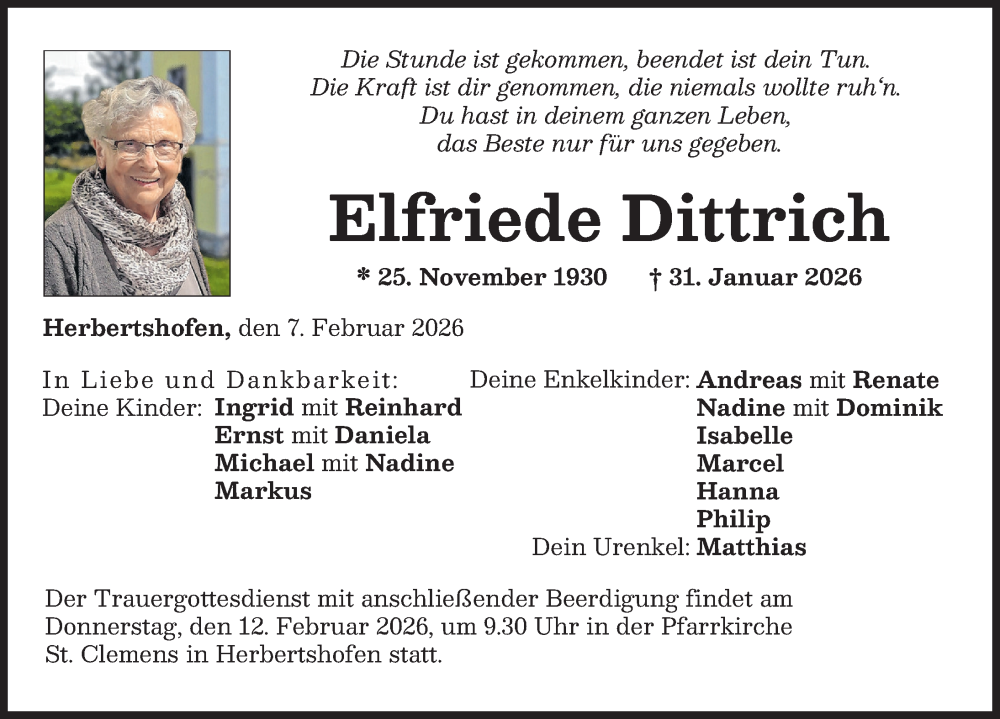  Traueranzeige für Elfriede Dittrich vom 07.02.2026 aus Augsburg-Land