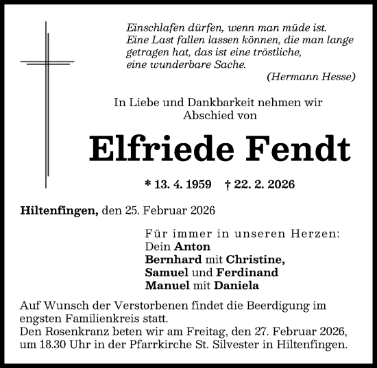 Traueranzeige von Elfriede Fendt von Schwabmünchner Allgemeine