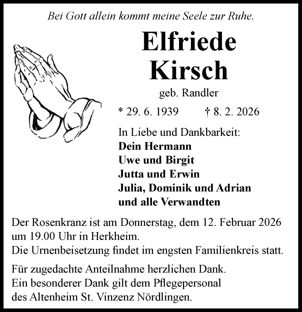 Traueranzeige von Elfriede Kirsch von Rieser Nachrichten