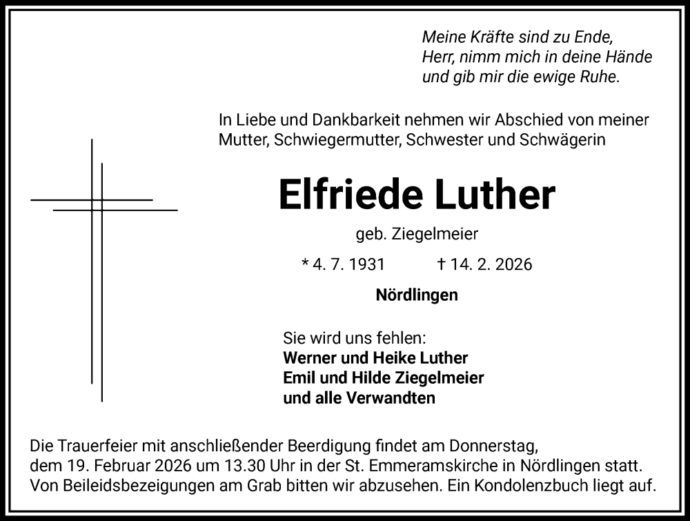  Traueranzeige für Elfriede Luther vom 17.02.2026 aus Rieser Nachrichten