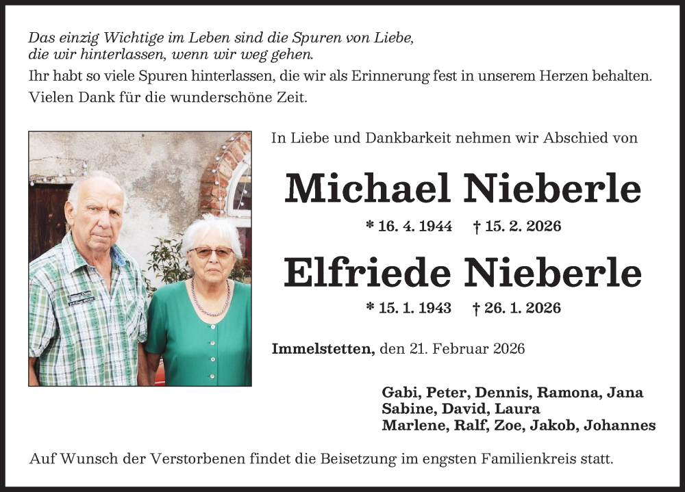  Traueranzeige für Elfriede Nieberle vom 21.02.2026 aus Mindelheimer Zeitung