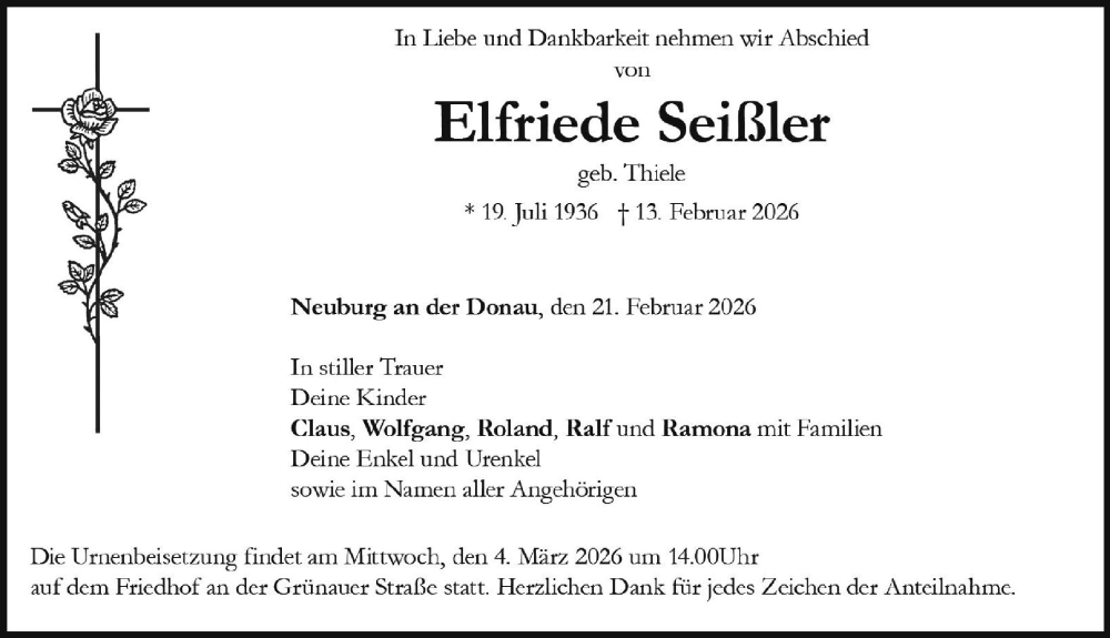  Traueranzeige für Elfriede Seifller vom 21.02.2026 aus Neuburger Rundschau