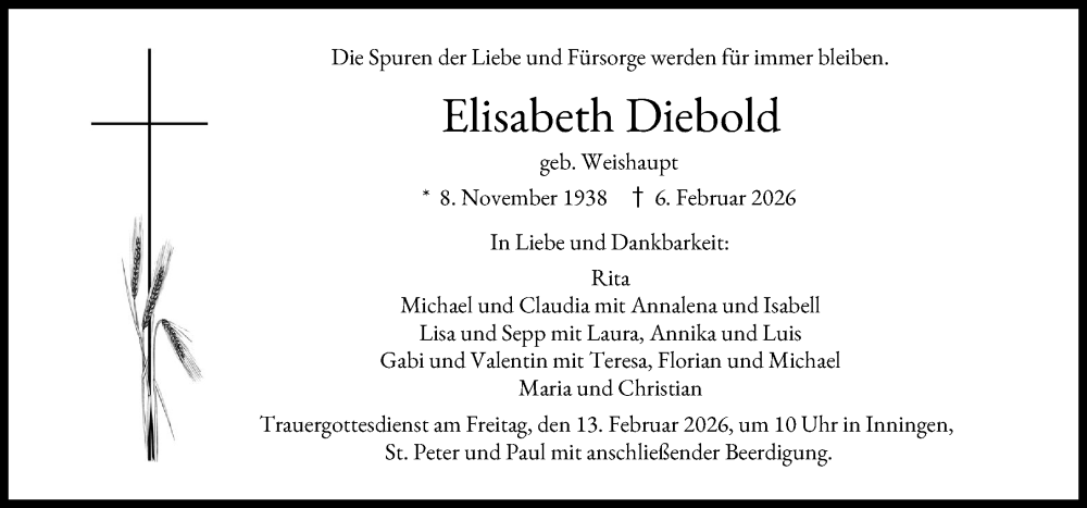  Traueranzeige für Elisabeth Diebold vom 10.02.2026 aus Augsburger Allgemeine