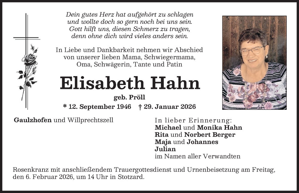  Traueranzeige für Elisabeth Hahn vom 04.02.2026 aus Aichacher Nachrichten