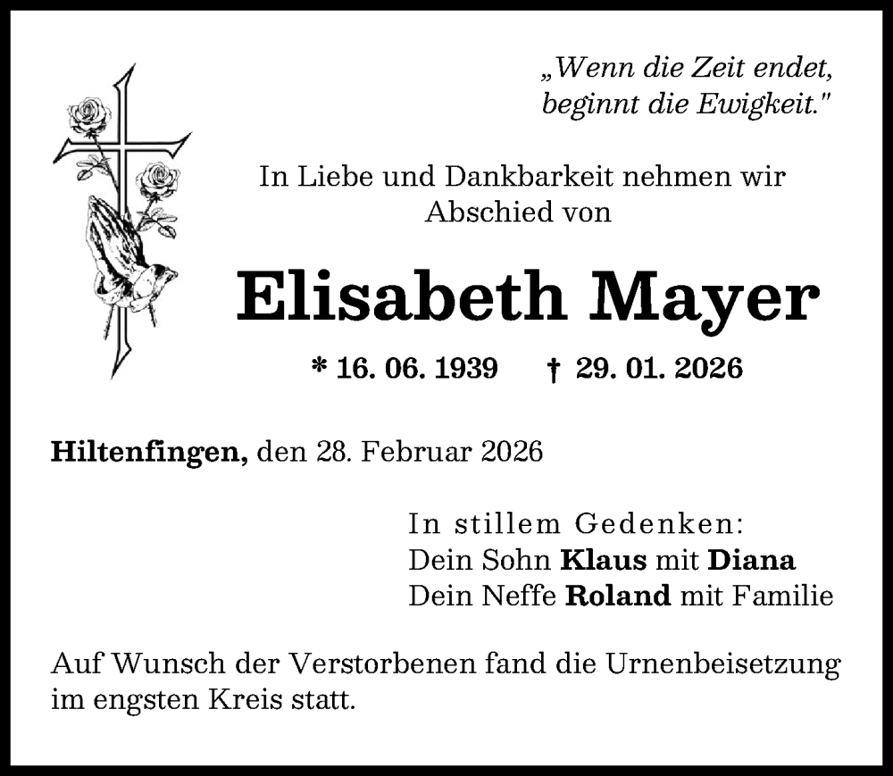  Traueranzeige für Elisabeth Mayer vom 28.02.2026 aus Schwabmünchner Allgemeine