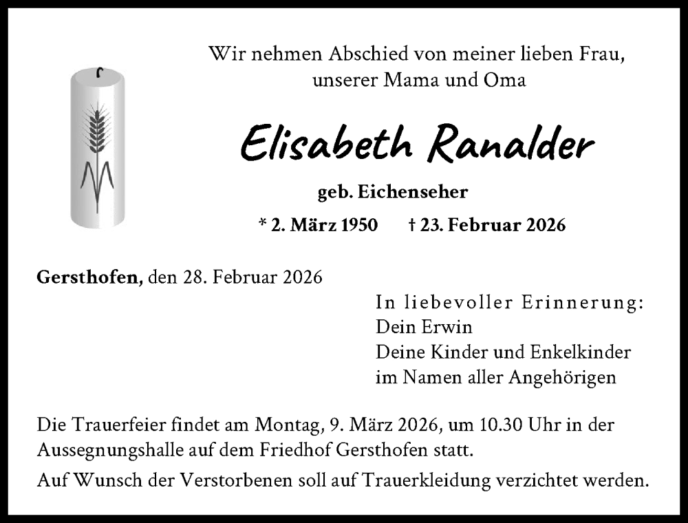 Traueranzeige von Elisabeth Ranalder von Augsburger Allgemeine