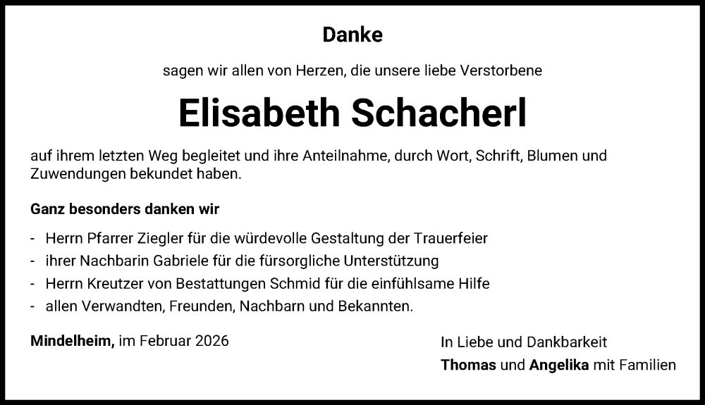  Traueranzeige für Elisabeth Schacherl vom 07.02.2026 aus Mindelheimer Zeitung