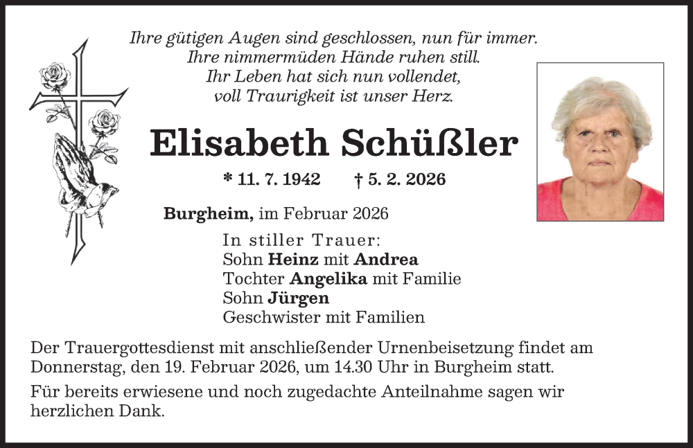  Traueranzeige für Elisabeth Schüßler vom 14.02.2026 aus Neuburger Rundschau
