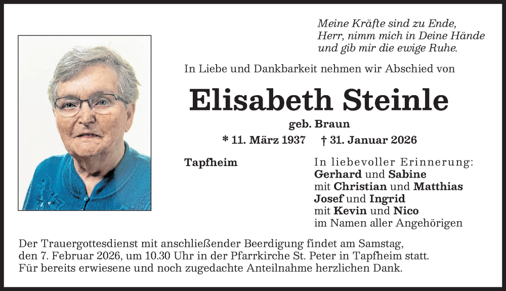  Traueranzeige für Elisabeth Steinle vom 05.02.2026 aus Donauwörther Zeitung, Donau Zeitung