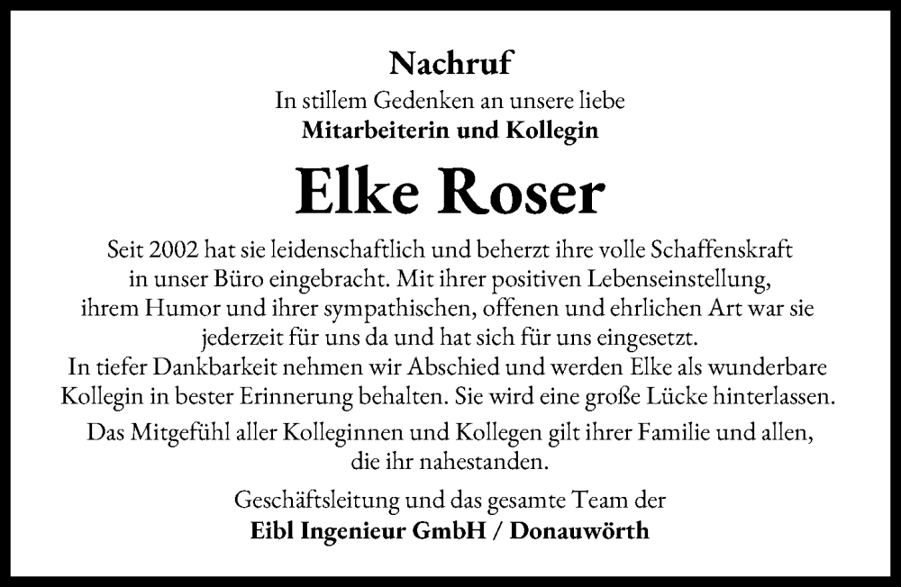 Traueranzeige von Elke Roser von Donauwörther Zeitung