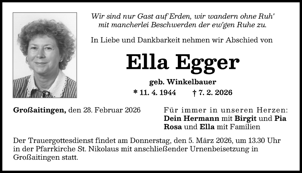 Traueranzeige von Ella Egger von Schwabmünchner Allgemeine