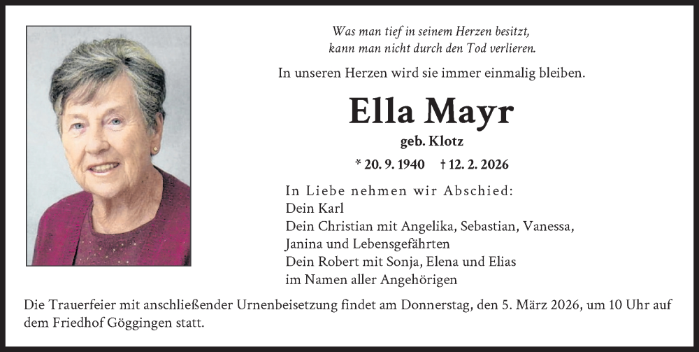  Traueranzeige für Ella Mayr vom 28.02.2026 aus Augsburger Allgemeine