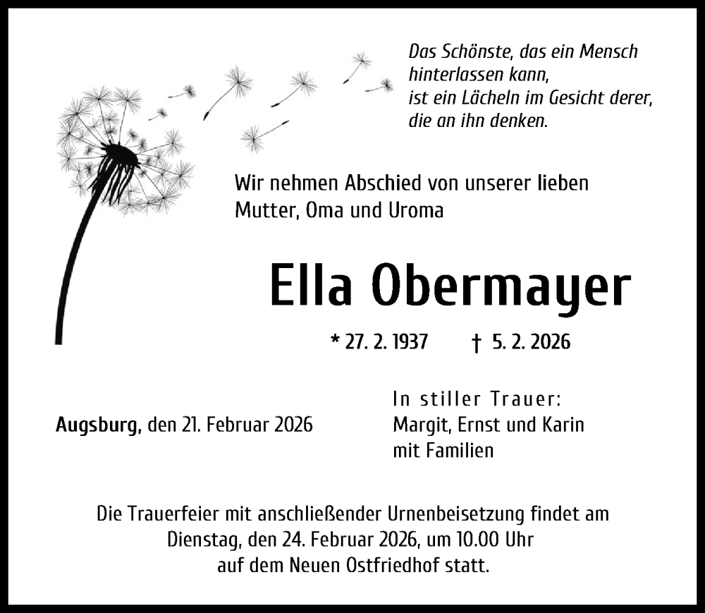  Traueranzeige für Ella Obermayer vom 21.02.2026 aus Augsburger Allgemeine