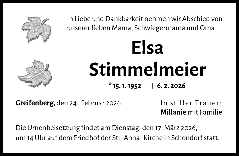  Traueranzeige für Elsa Stimmelmeier vom 24.02.2026 aus Landsberger Tagblatt