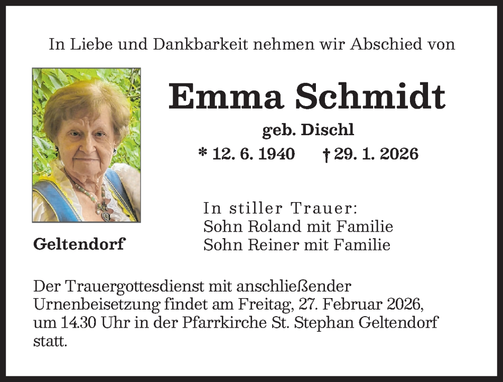  Traueranzeige für Emma Schmidt vom 21.02.2026 aus Landsberger Tagblatt