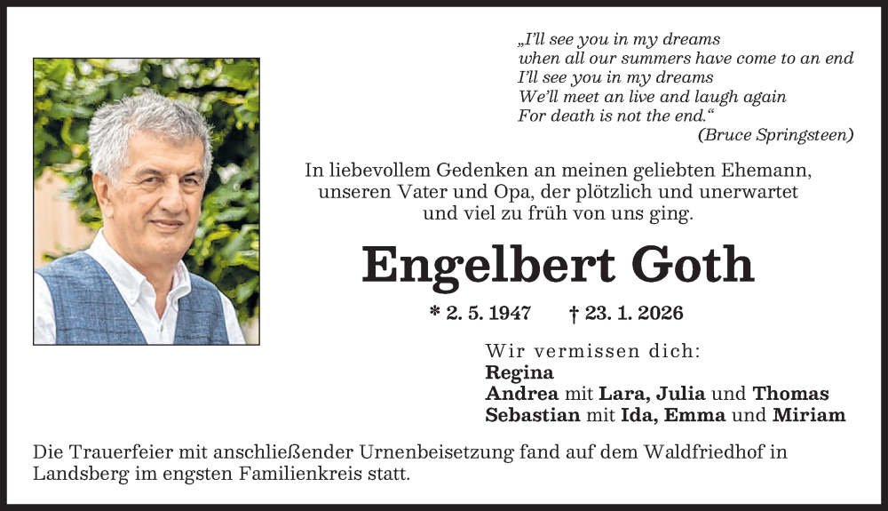  Traueranzeige für Engelbert Goth vom 21.02.2026 aus Landsberger Tagblatt