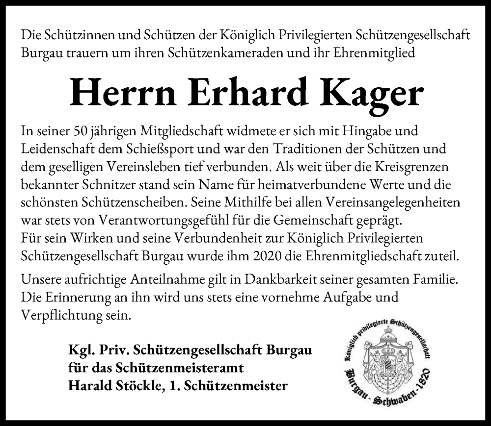 Traueranzeige von Erhard Kager von Günzburger Zeitung