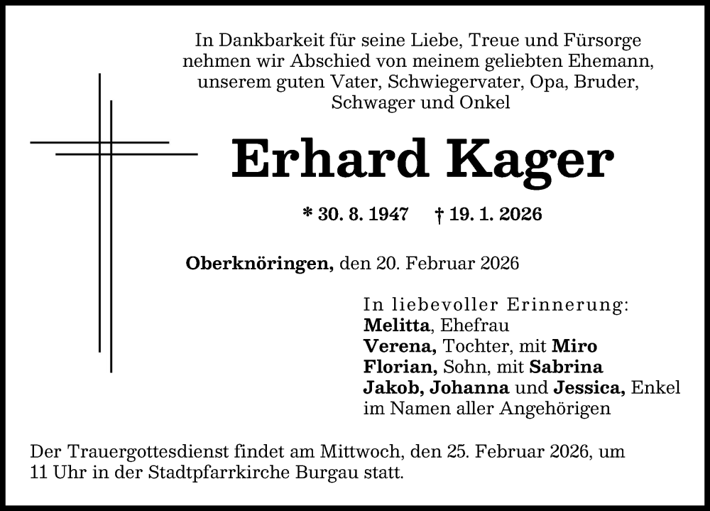  Traueranzeige für Erhard Kager vom 20.02.2026 aus Günzburger Zeitung