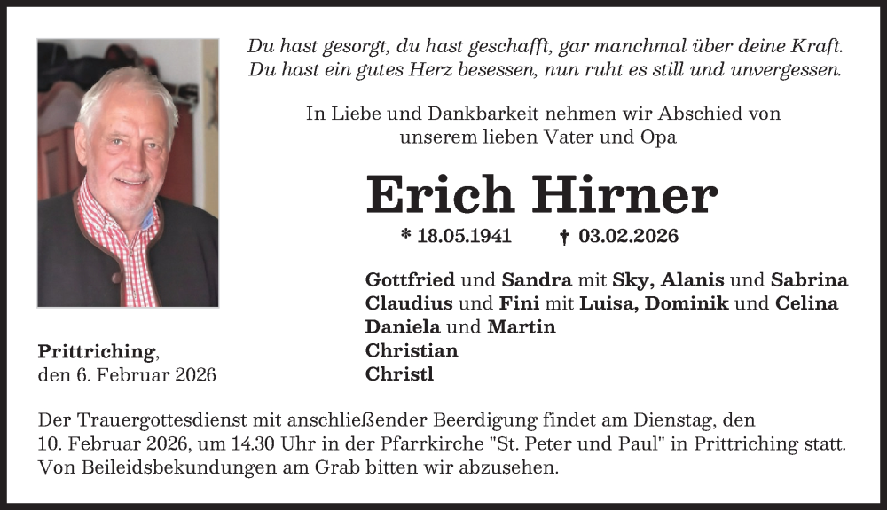  Traueranzeige für Erich Hirner vom 06.02.2026 aus Landsberger Tagblatt