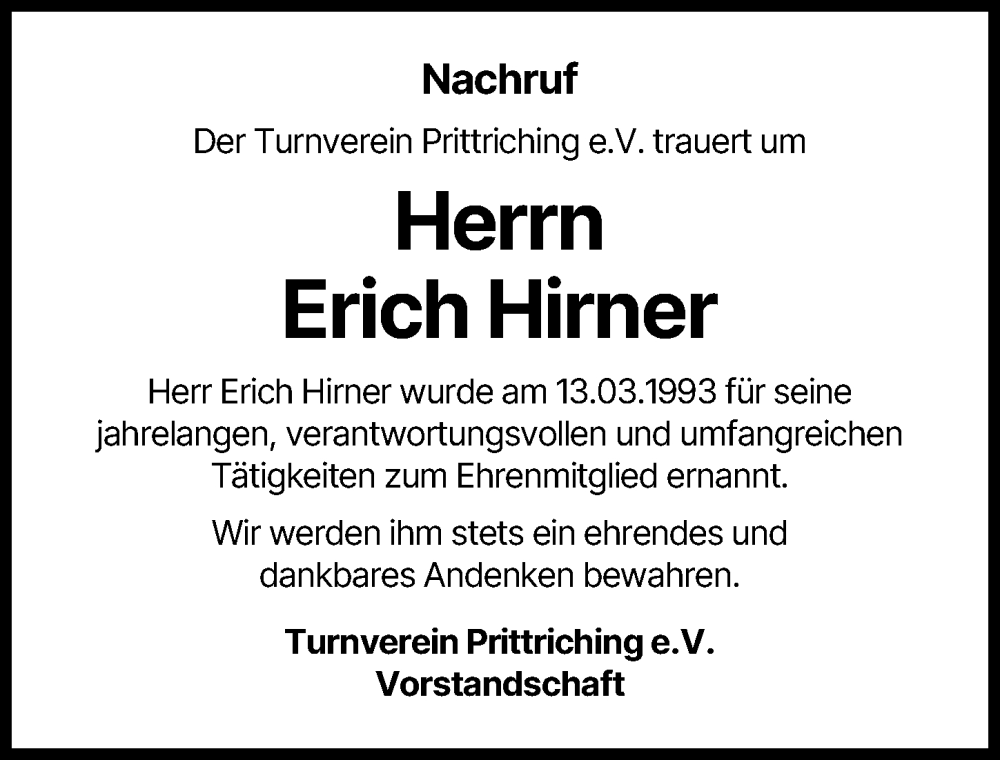  Traueranzeige für Erich Hirner vom 07.02.2026 aus Landsberger Tagblatt