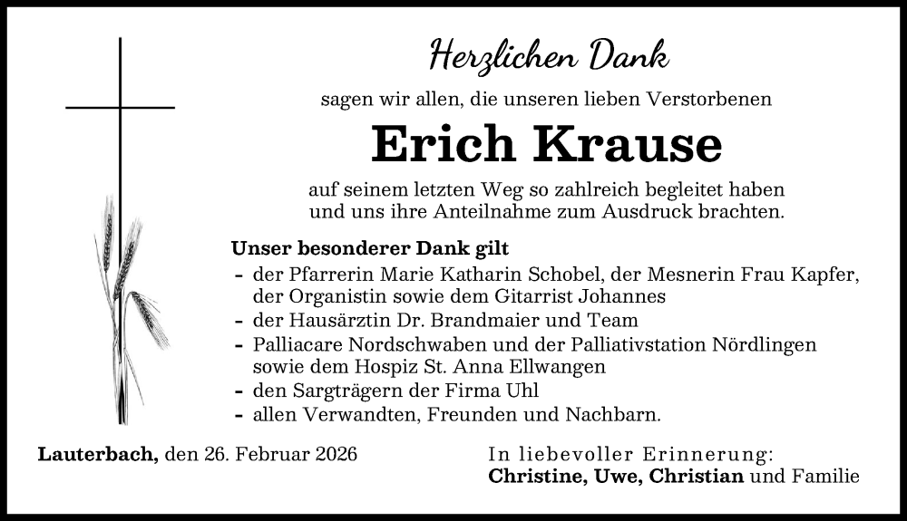 Traueranzeige von Erich Krause von Wertinger Zeitung