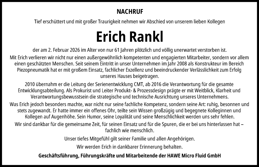  Traueranzeige für Erich Rankl vom 21.02.2026 aus Landsberger Tagblatt