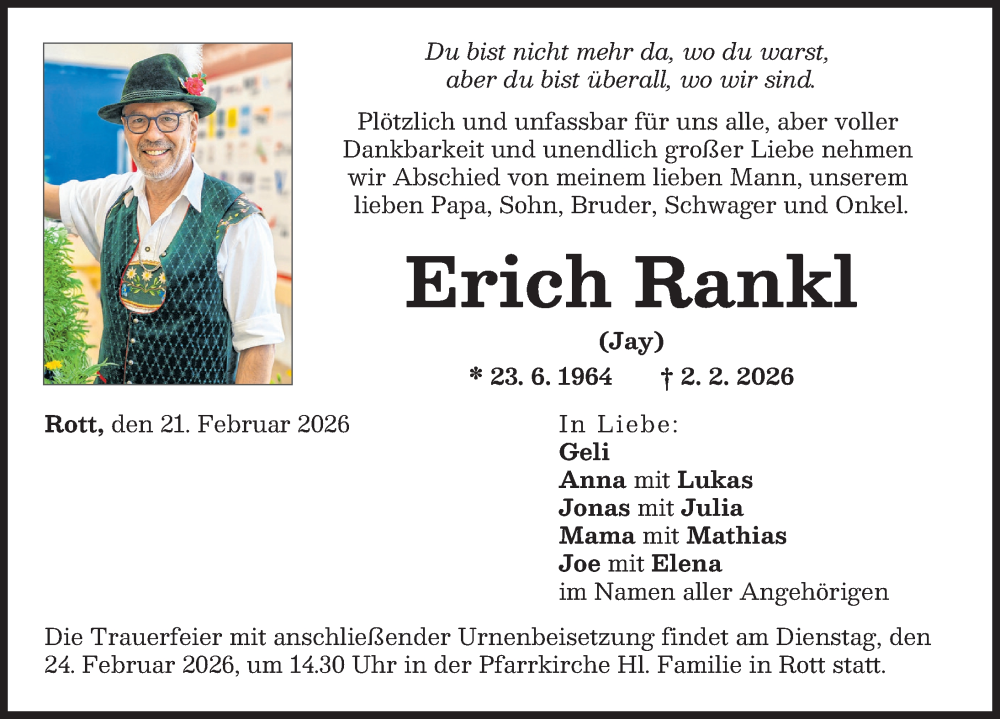  Traueranzeige für Erich Rankl vom 21.02.2026 aus Landsberger Tagblatt