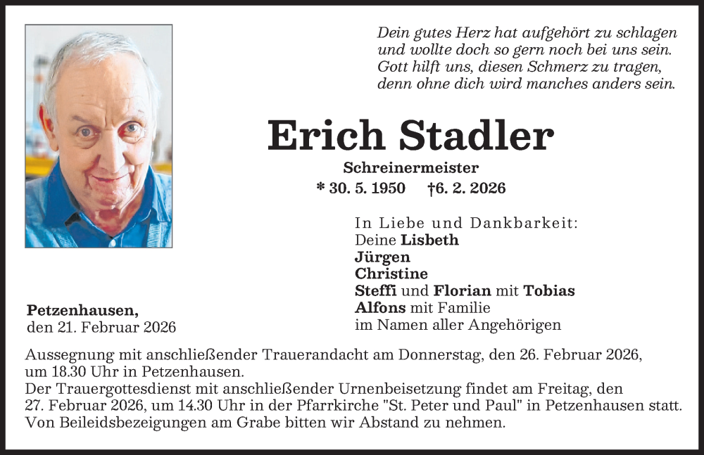  Traueranzeige für Erich Stadler vom 21.02.2026 aus Landsberger Tagblatt