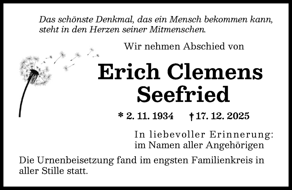  Traueranzeige für Erich Clemens Seefried vom 14.02.2026 aus Augsburger Allgemeine