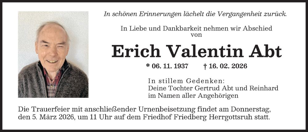  Traueranzeige für Erich Valentin Abt vom 28.02.2026 aus Augsburger Allgemeine